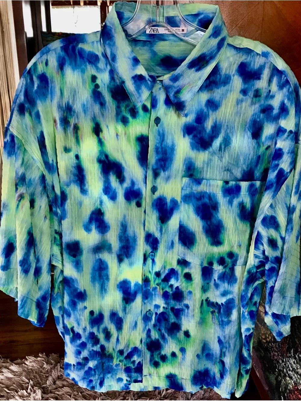 Zara Blue and Green Tie-Dye Casual Button-Down Shirt